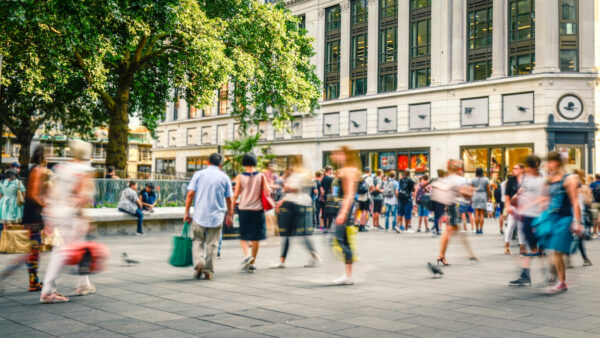 Busy motion blurred London street scene