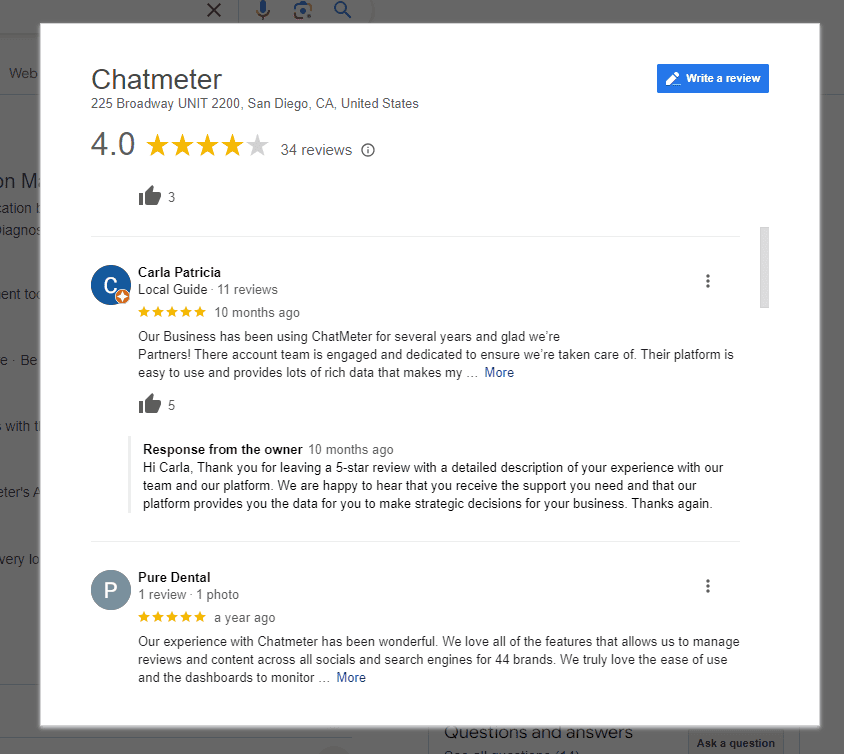 A response to a customer review by the Chatmeter team.