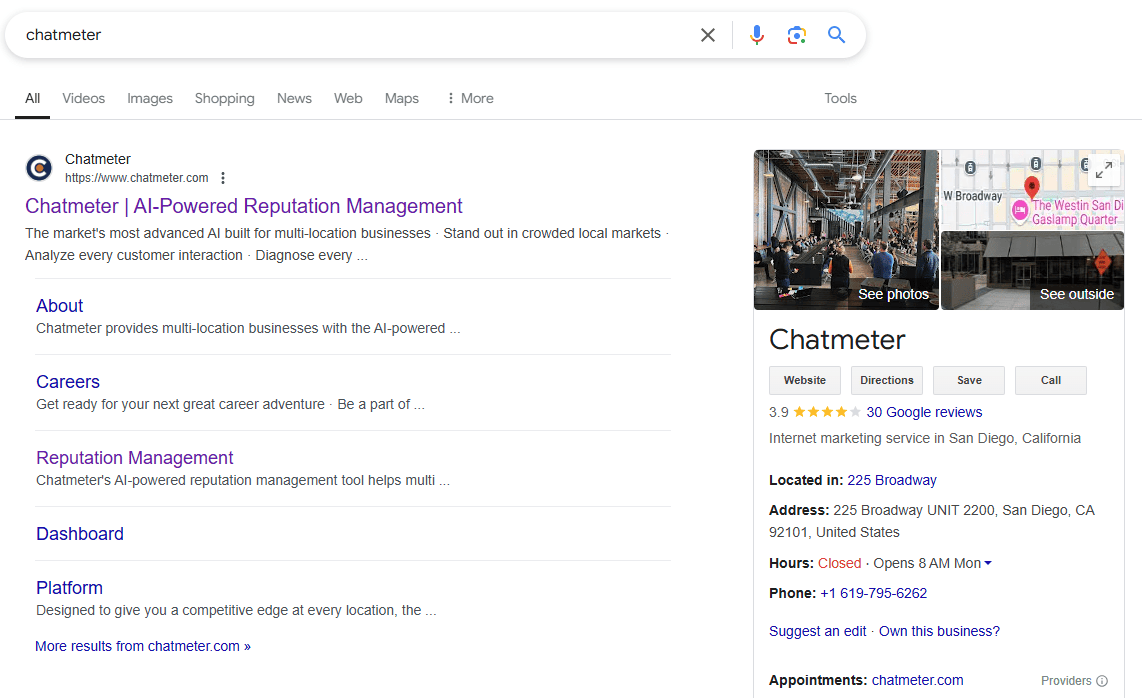 An image of Chatmeter's GBP on the Google SERP