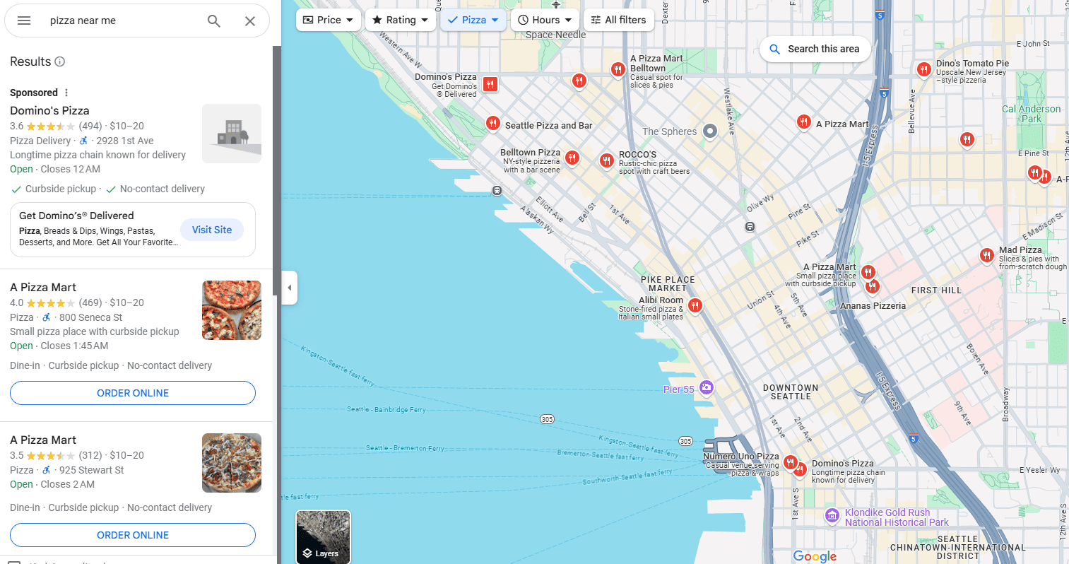 Google Maps example of pizza searches in Seattle